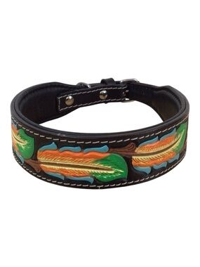 Mad Cow Hand Tooled Leather Dog Collar Western Feather Padded NWT Luxury handcra